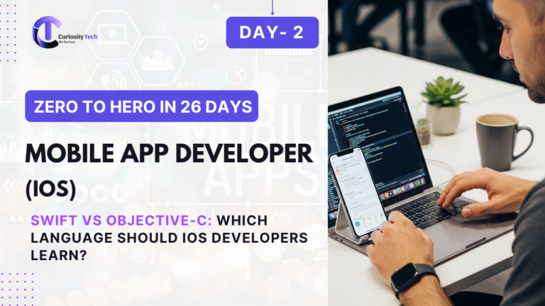 A photo of a person coding on a laptop with an iPhone displaying an app interface, alongside text "Zero to Hero in 26 Days" and "Mobile App Developer (iOS) Swift vs Objective-C: Which Language Should iOS Developers Learn?" on a light background with a CuriosityTech logo.