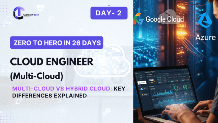 A promotional graphic for a "Zero to Hero in 26 Days" course focused on becoming a Cloud Engineer (Multi-Cloud). The left side features the CuriosityTech logo, a cloud icon, and text explaining multi-cloud vs hybrid cloud differences. The right side shows a laptop screen with Google Cloud and Azure logos, and a person working on it.
