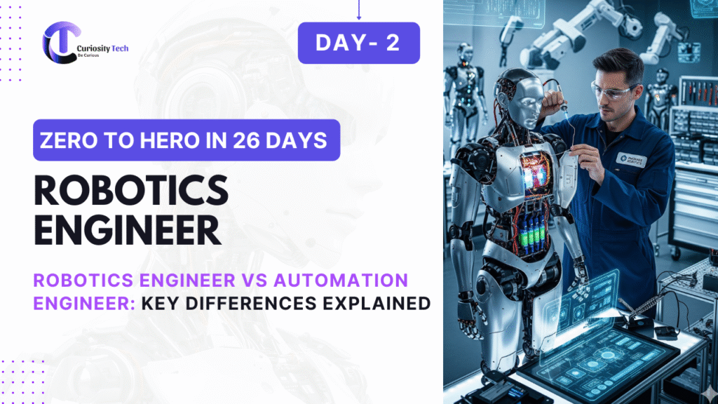 A promotional graphic for a "Zero to Hero in 26 Days" course focused on becoming a Robotics Engineer. The left side features the CuriosityTech logo, a cloud icon, and text comparing Robotics Engineer vs Automation Engineer. The right side shows a person in a workshop repairing a robot with a holographic interface.