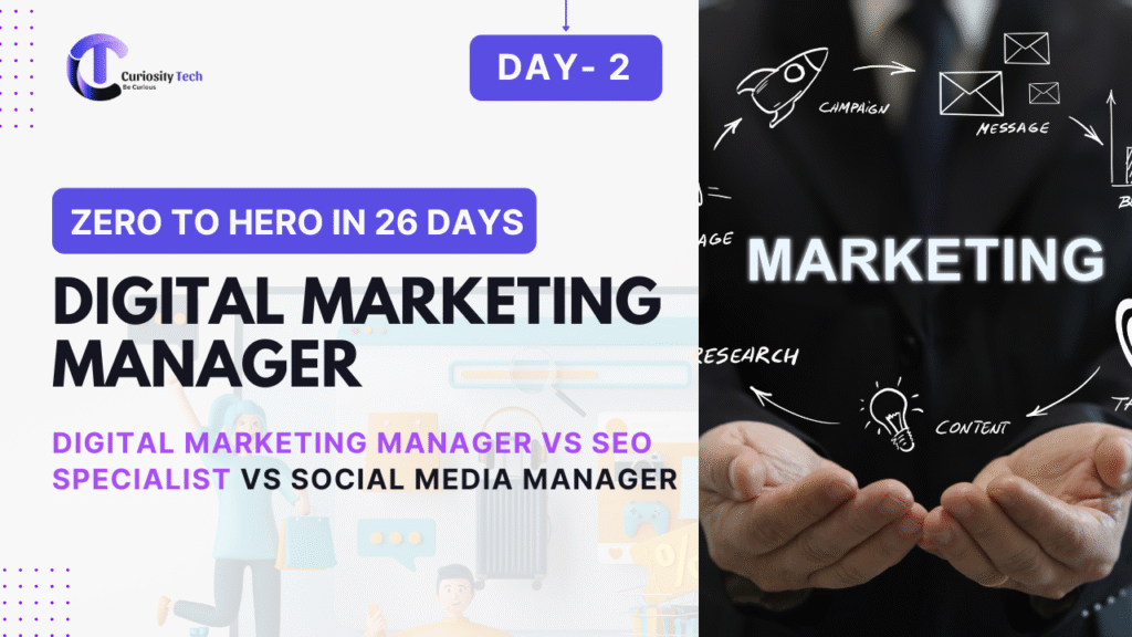A promotional graphic for a "Zero to Hero in 26 Days" course on Digital Marketing Manager, comparing Digital Marketing Manager vs SEO Specialist vs Social Media Manager. The left side includes the Curiosity Tech logo and text, while the right side shows hands holding a sketch of marketing concepts like research, content, campaign, and message.