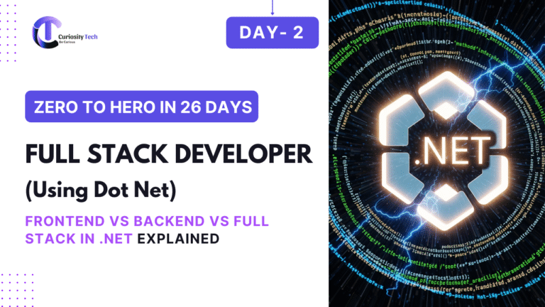 A dynamic image with a glowing ".NET" logo and lightning effects, surrounded by code snippets, alongside text "Zero to Hero in 26 Days" and "Full Stack Developer (Using Dot Net) Frontend vs Backend vs Full Stack in .NET Explained" with a CuriosityTech logo.
