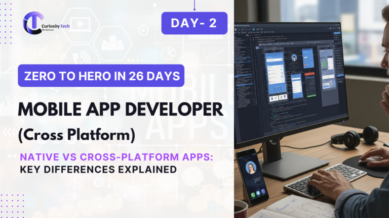 A photo of a developer working on a laptop with multiple app interfaces on the screen and a smartphone, alongside text "Zero to Hero in 26 Days" and "Mobile App Developer (Cross Platform) Native vs Cross-Platform Apps: Key Differences Explained" with a CuriosityTech logo.