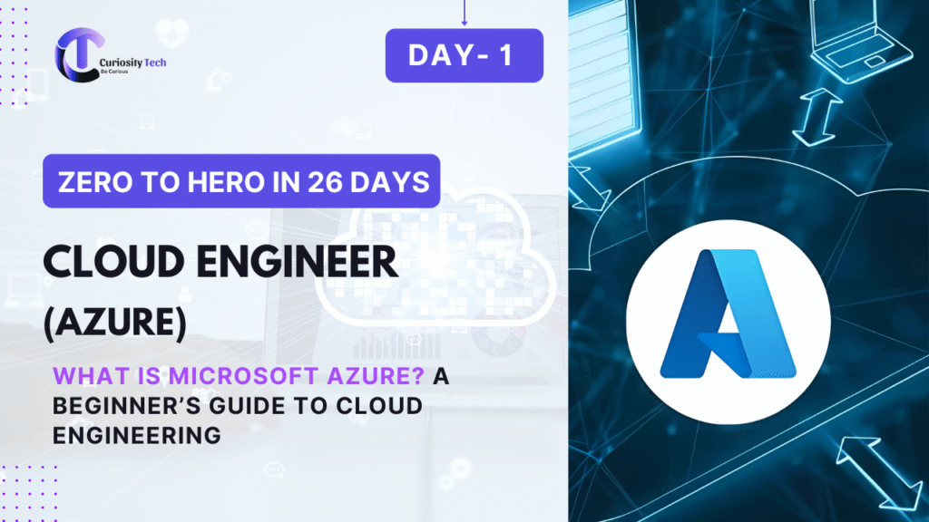 Day 1 of a 26-day 'Zero to Hero' guide for becoming a Cloud Engineer specializing in Microsoft Azure. The title reads 'What is Microsoft Azure? A Beginner’s Guide to Cloud Engineering.