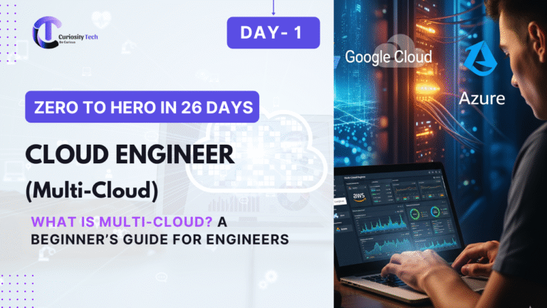 Day 1 of a 26-day 'Zero to Hero' guide for becoming a Multi-Cloud Engineer. The title reads 'What is Multi-Cloud? A Beginner's Guide for Engineers' with logos for Google Cloud and Azure shown below.
