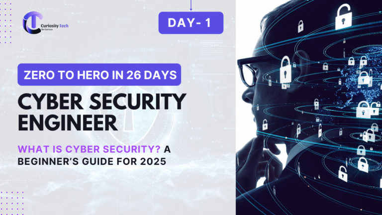 Infographic for Day 1 of a "Zero to Hero in 26 Days" cybersecurity engineer guide, titled "What is Cyber Security? A Beginner's Guide for 2025".