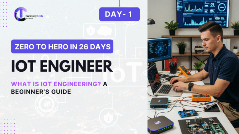 Day 1 of a 26-day 'Zero to Hero' guide for becoming an IoT Developer in 2025. The title reads 'What is the Internet of Things (IoT)? A Beginner's Guide for 2025.