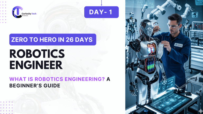 Day 1 of a 26-day 'Zero to Hero' guide for becoming a Robotics Engineer in 2025. The title reads 'What is Robotics? A Beginner's Guide for 2025.