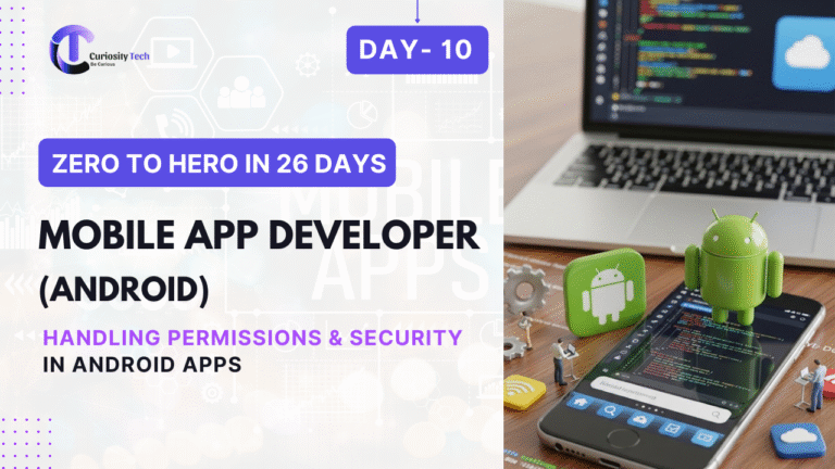 "Android developer managing app permissions with security icons like lock and shield on a smartphone screen, symbolizing app safety and user privacy."