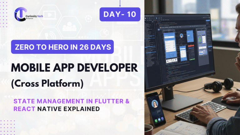 "Mobile app developer working on a laptop with Flutter and React Native logos, showing state management concepts like Provider and Redux."