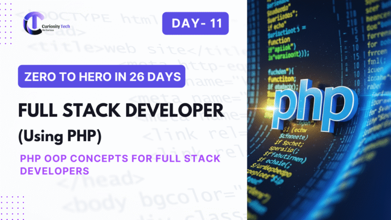 "Laptop screen displaying PHP code with class and object structures, representing object-oriented programming concepts for full stack developers."