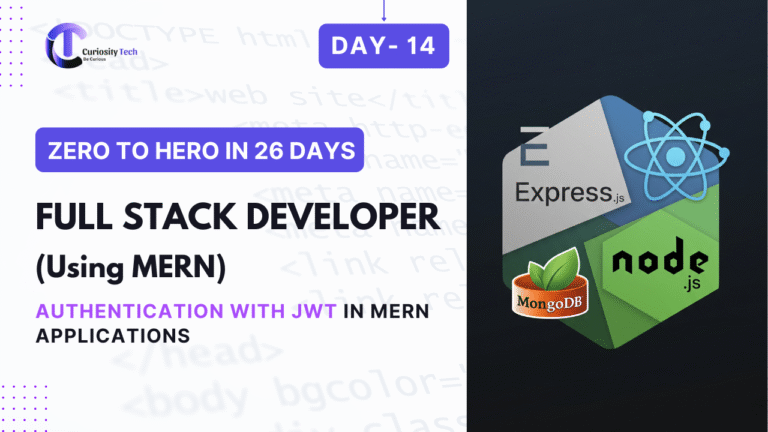 "Developer coding a MERN stack application with JSON Web Token (JWT) authentication flow illustrated on screen, representing secure user login."