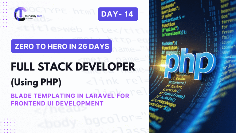 "Laptop screen showing Laravel Blade template code with HTML structure, representing frontend UI development using Blade in Laravel."