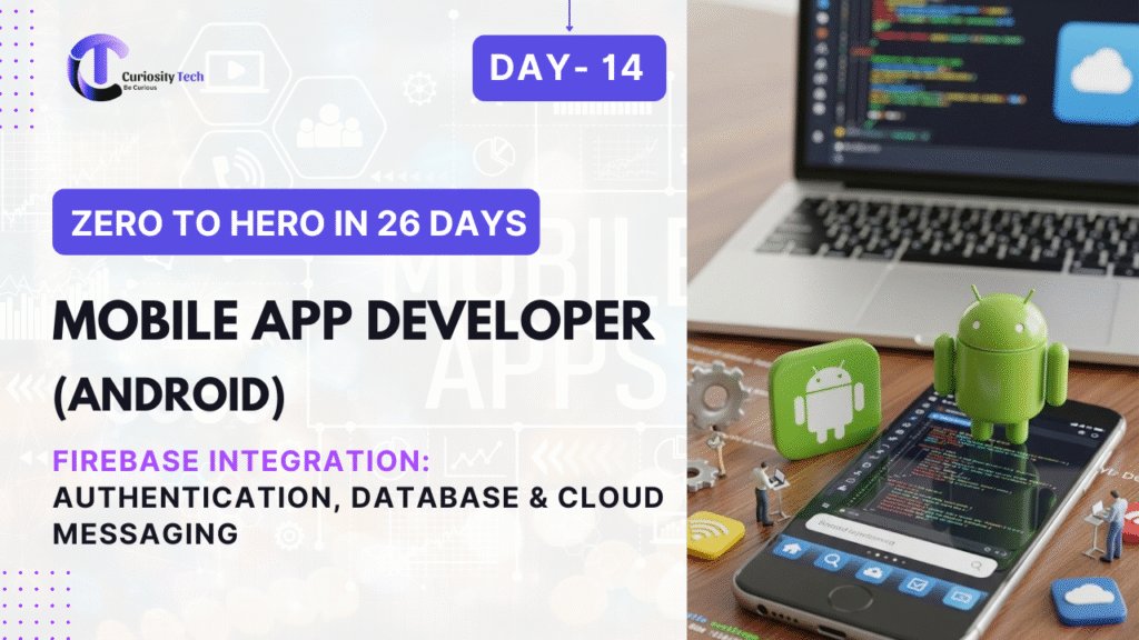 "Developer working on a laptop integrating Firebase services, showing authentication, database, and cloud messaging icons for mobile app development."