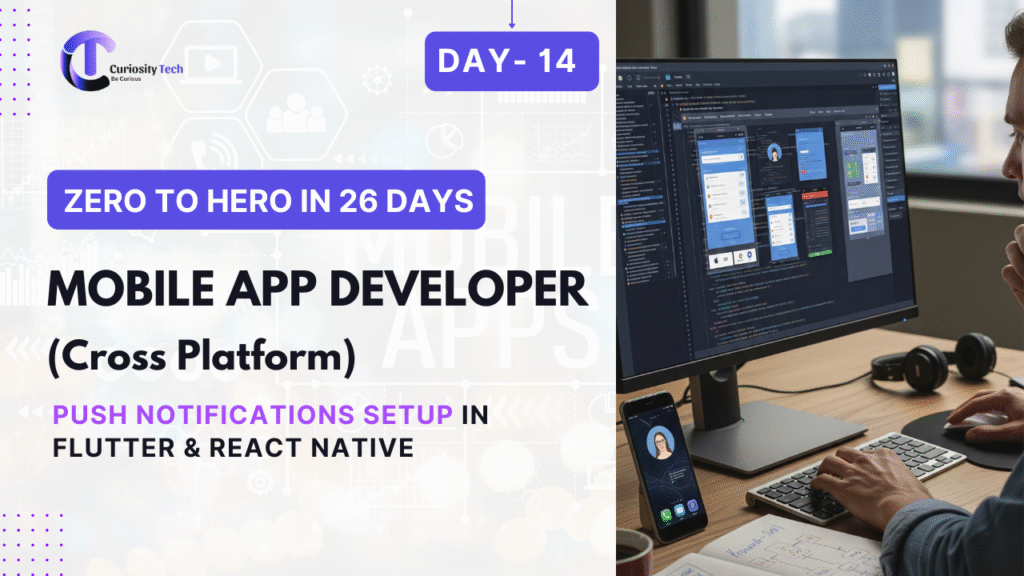 "Mobile developer configuring push notifications on a smartphone using Flutter and React Native frameworks, with notification icons and code snippets visible."