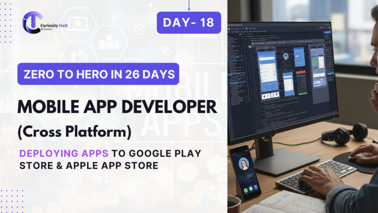 "Developer uploading a mobile app to Google Play Store and Apple App Store dashboards, representing the app deployment process for Android and iOS."