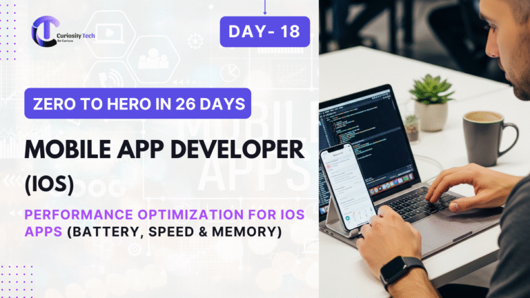 "iOS developer testing app performance on an iPhone with icons showing battery, speed, and memory optimization."