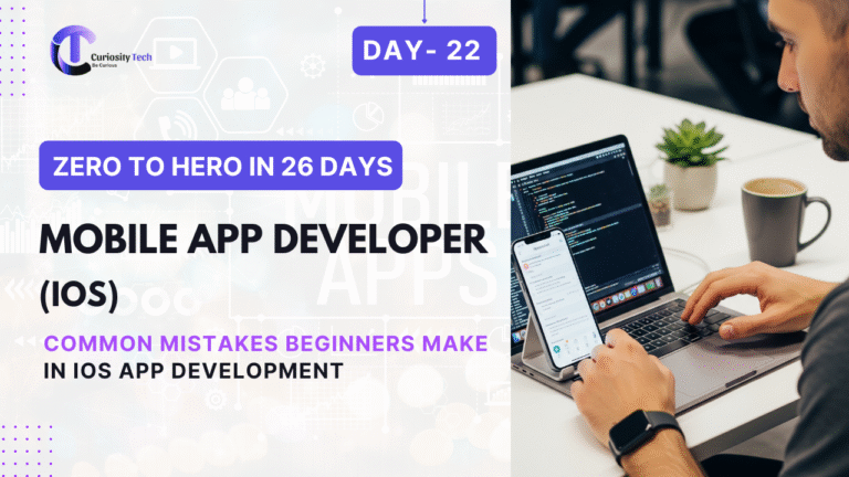 "Beginner iOS developer frustrated while debugging app code on a MacBook with Xcode open, symbolizing common mistakes in iOS app development."