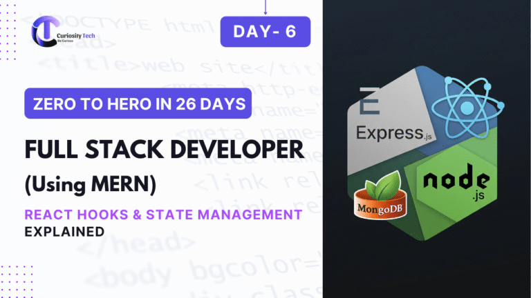 "React developer coding with React Hooks symbols like useState and useEffect on screen, illustrating state management in modern React apps."
