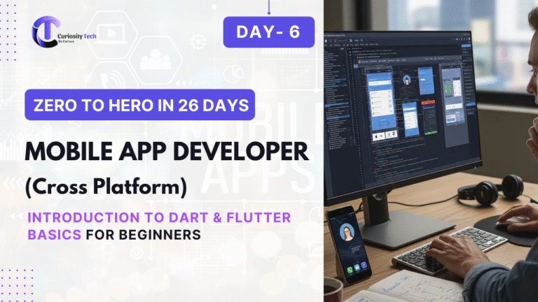 "Laptop screen displaying Dart and Flutter logos with mobile app UI design elements, representing beginners learning Flutter basics for app development."